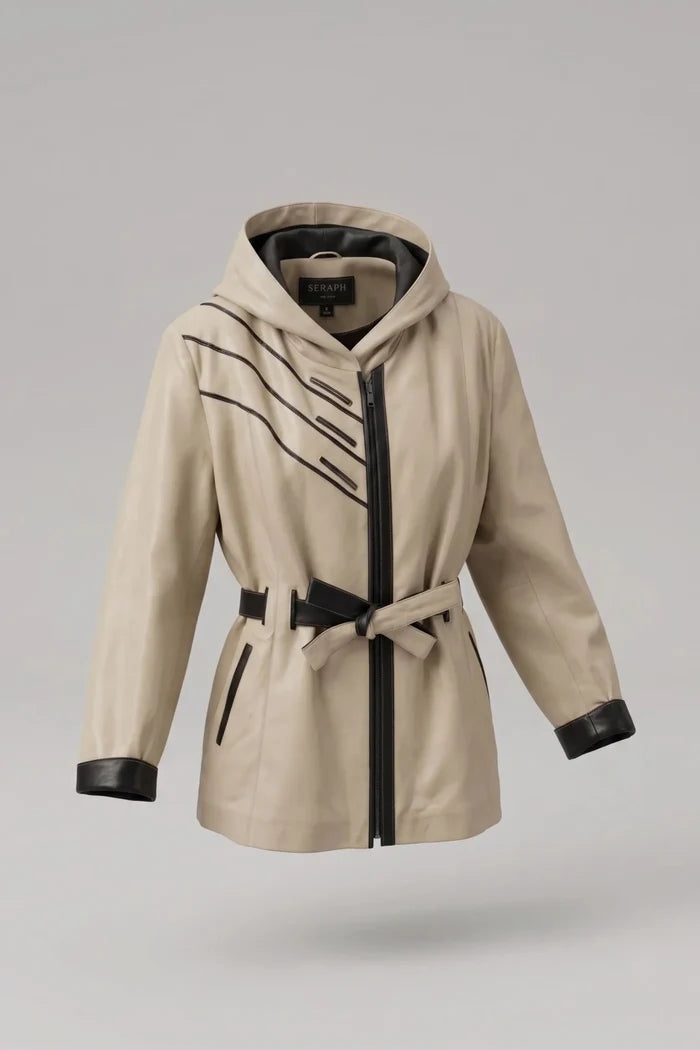 Дамско кожено яке с колан от агнешка кожа, кремаво - Плюс размери Roberto&Co Roberto Fashion Store Jacket LEA2511JCKBEIBL+5XL 3XL