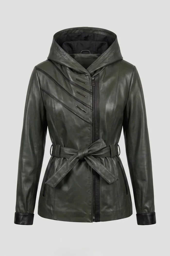 Дамско кожено яке с колан от агнешка кожа, зелено - Плюс размери Roberto&Co Roberto Fashion Store Jacket LEA2511JCKGRNBL+8XL 6XL