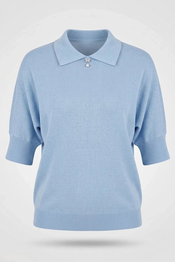 Дамска светло синя плетена тениска с къс ръкав и сърце Roberto&Co Roberto Fashion Store Sweater FLC2307KNIBLSBLU-50/52 50/52