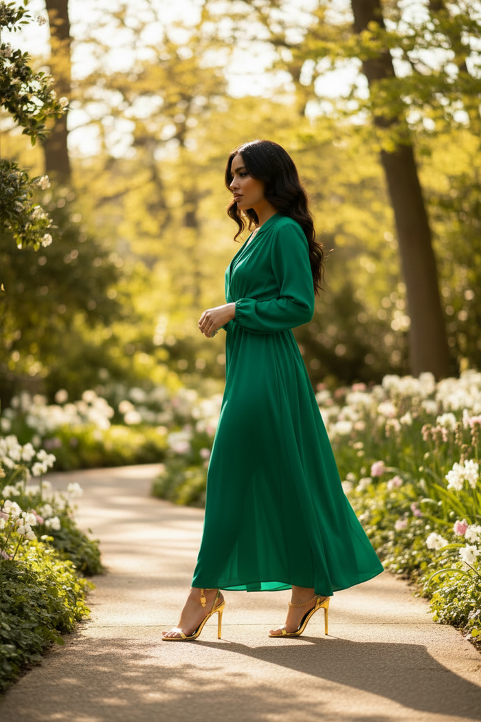 Mabelle Gold heels styled with bold emerald green jumpsuit in a botanical garden setting