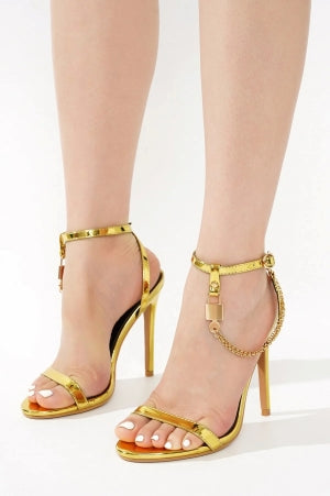 Women's Mabelle Gold Chain Ankle Strap Stiletto Heels - Round Toe Sandals