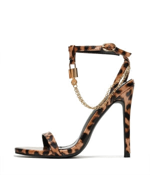 Women's Mabelle Leopard Print Chain Ankle Strap Stiletto Heels - Round Toe Sandals