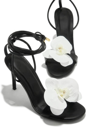 Women's Margarita Black Floral Detail Wraparound Strappy Stiletto Heels - Open Toe Sandals