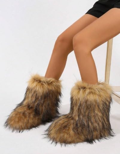 Women's Melanie Brown Shearling Fluffy Fur Mid-Calf Boots - Comfortable Winter Boots