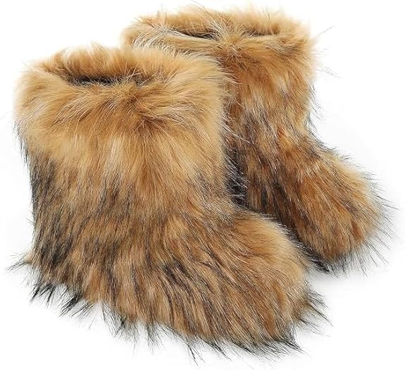 Women's Melanie Brown Shearling Fluffy Fur Mid-Calf Boots - Comfortable Winter Boots