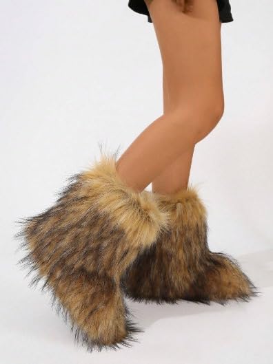 Women's Melanie Brown Shearling Fluffy Fur Mid-Calf Boots - Comfortable Winter Boots