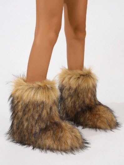 Women's Melanie Brown Shearling Fluffy Fur Mid-Calf Boots - Comfortable Winter Boots