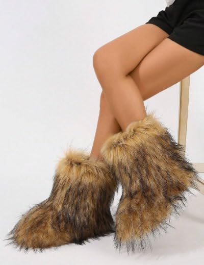 Women's Melanie Brown Shearling Fluffy Fur Mid-Calf Boots - Comfortable Winter Boots