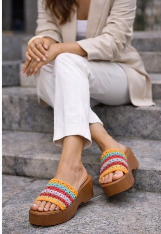 Wide Band Platform Mule Wedge Slide Sandals