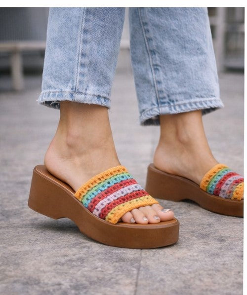 Women's Multi-Color Chipper Platform Wide Band Mule Wedges - Comfortable Slip-On