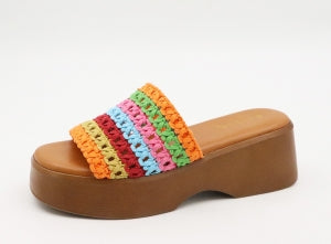 Women's Multi-Color Chipper Platform Wide Band Mule Wedges - Comfortable Slip-On