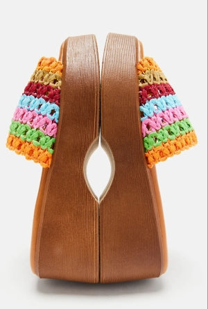 Women's Multi-Color Chipper Platform Wide Band Mule Wedges - Comfortable Slip-On