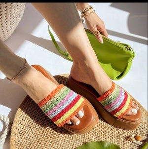 Women's Multi-Color Chipper Platform Wide Band Mule Wedges - Comfortable Slip-On