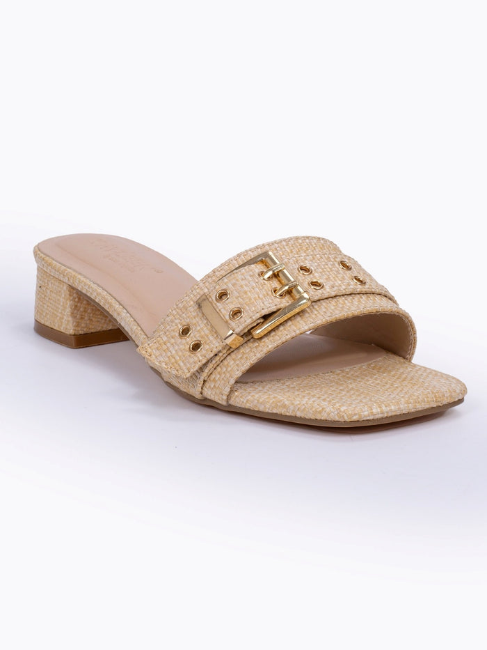 Women's Nasus Buckle Detail Low Heel Sandal – Nude Raffia Slide | DDK Nasus
