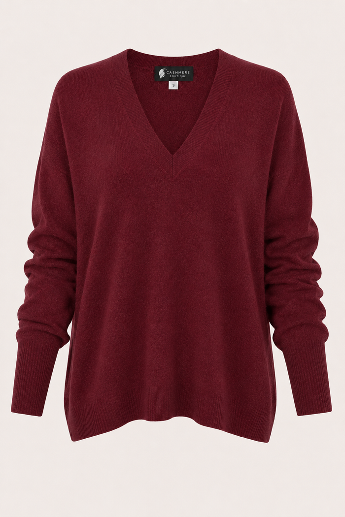 Women's Pure Cashmere V-Neck Boyfriend Sweater - burgundy