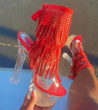 Women's Red Coloma Translucent Platform Sculptured Block Heels - Elegant Design