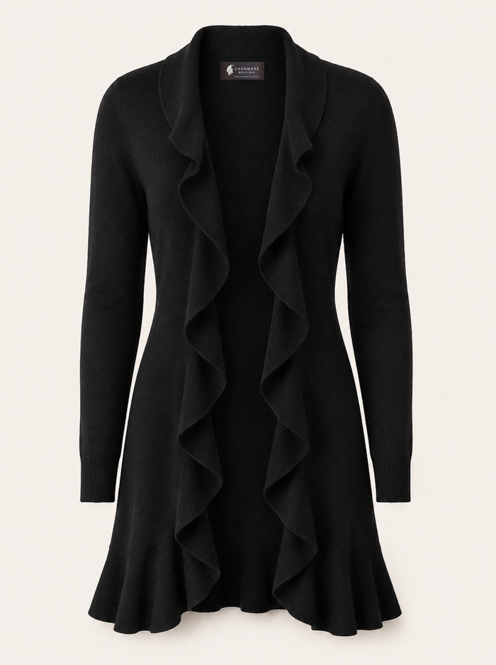 Women's Ruffled Long Front Open Cardigan in Pure Cashmere - Black