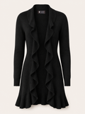 Women's Ruffled Long Front Open Cardigan in Pure Cashmere - Black