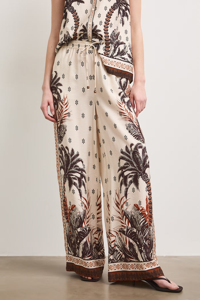 Women's satin nude trousers with floral print "Miho"