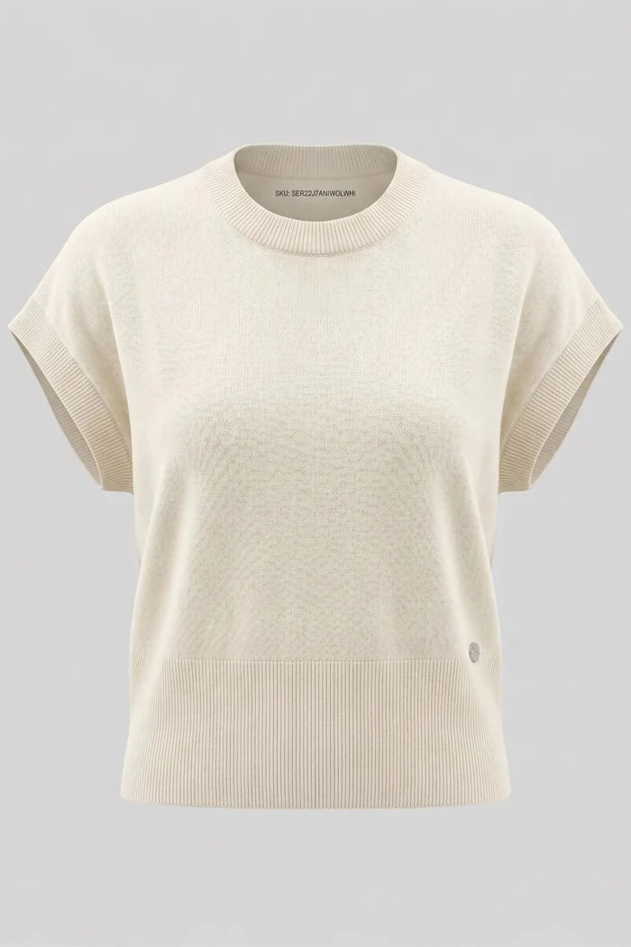 Дамски плетен пуловер с къс ръкав от 100% вълна в бяло Serianno Roberto Fashion Store Sweater SER2207KNIWOLWHI-L L