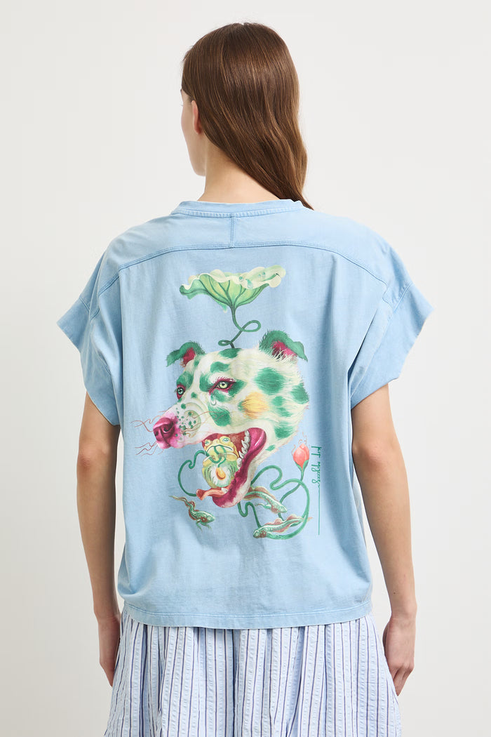 Women's sky-blue t-shirt with abstract "Roberto Azure Cagundela" print