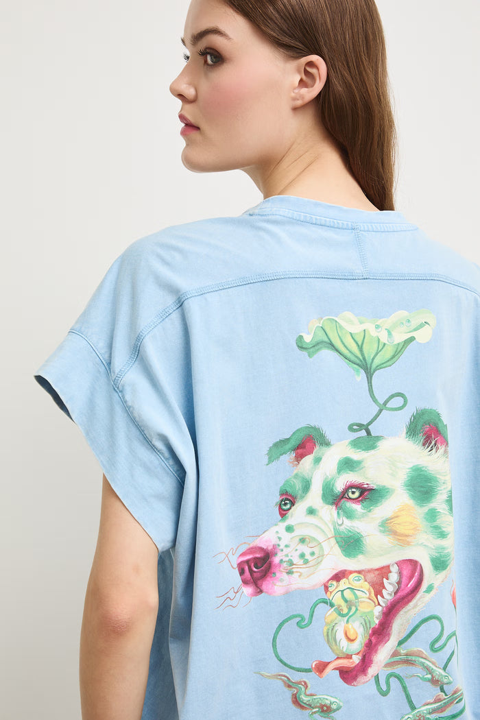 Women's sky-blue t-shirt with abstract "Roberto Azure Cagundela" print