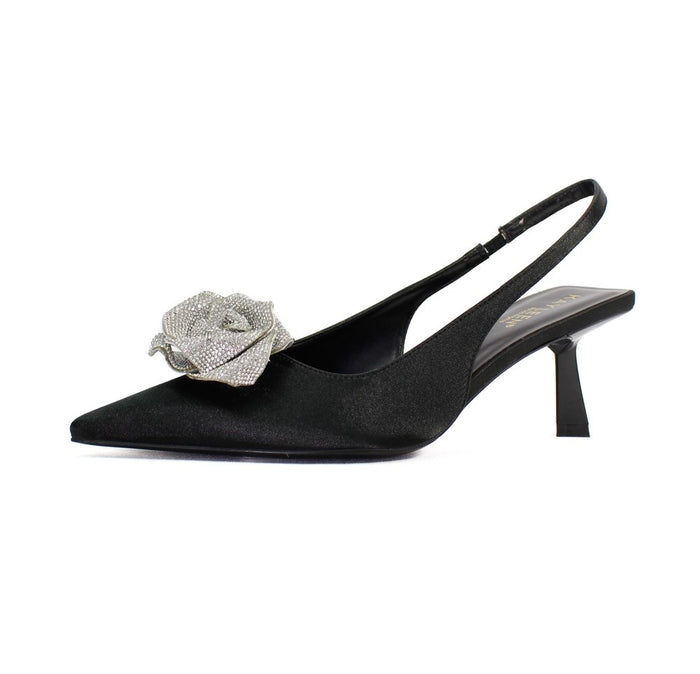 Women's Suka Black Satin Slingback Heels – Crystal Flower Pointed Toe Kitten Heel