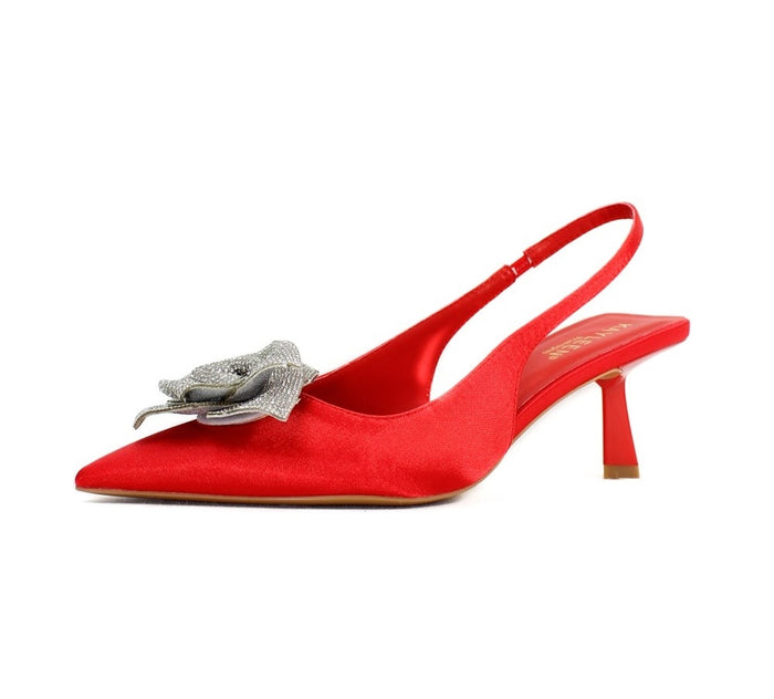 Women's Suka Red Satin Slingback Heels – Crystal Flower Pointed Toe Kitten Heel