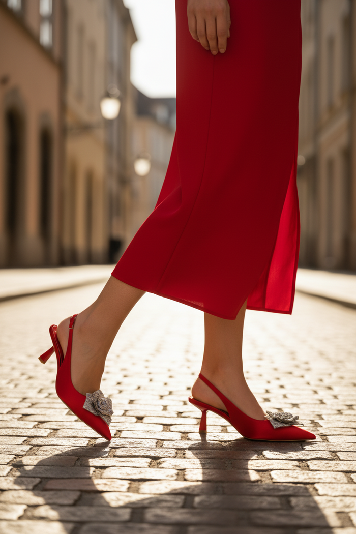 Women's Suka Red Satin Slingback Heels – Crystal Flower Pointed Toe Kitten Heel