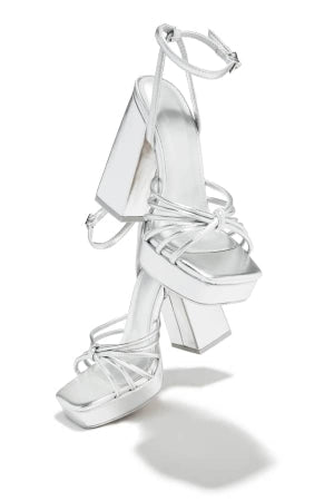 Women's Vanilla Silver Platform Block Heel Sandals - Square Toe Ankle Buckle Strap