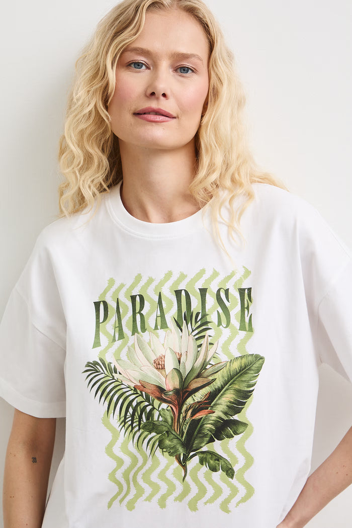 Women's white T-shirt with "Paradise" print