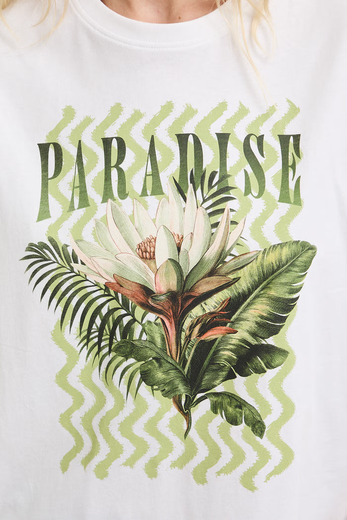 Women's white T-shirt with "Paradise" print