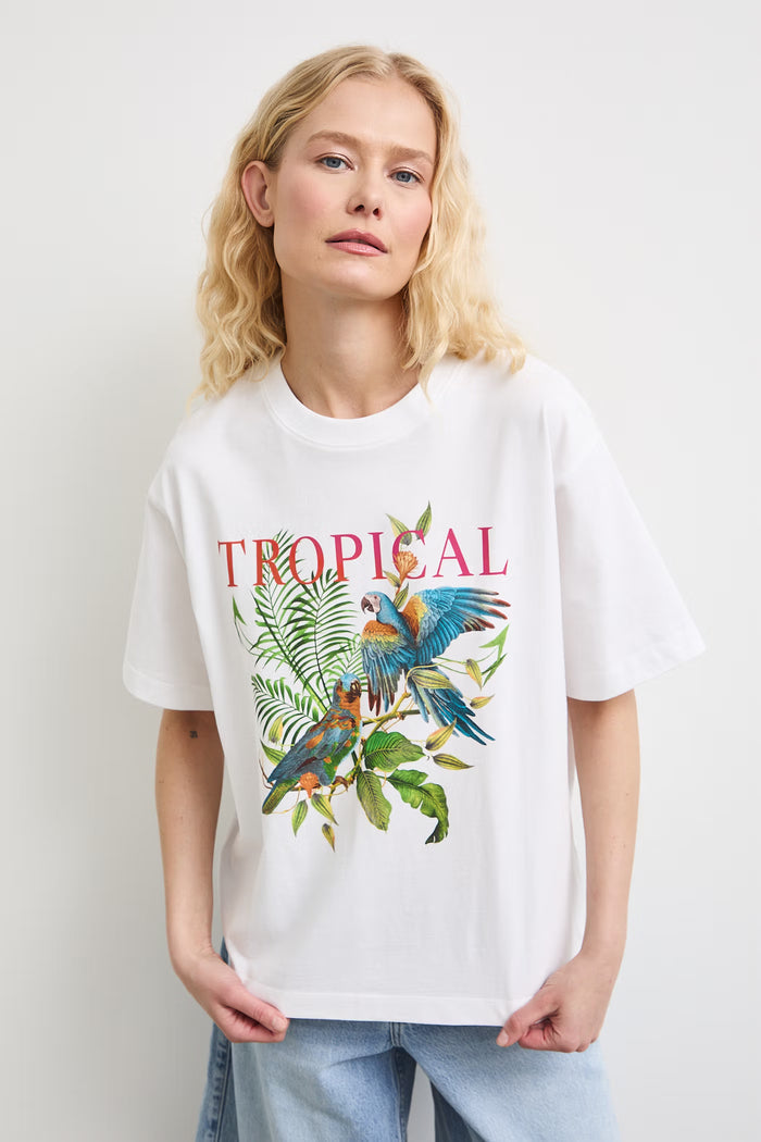 Women's white T-shirt with "Tropical" print