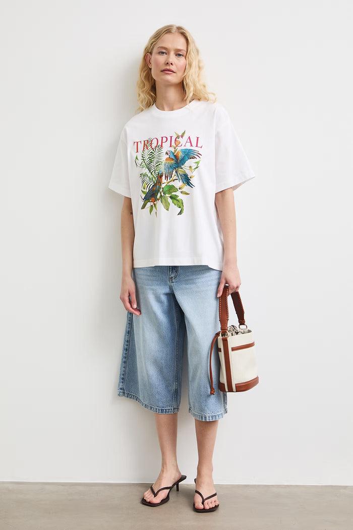 Women's white T-shirt with "Tropical" print