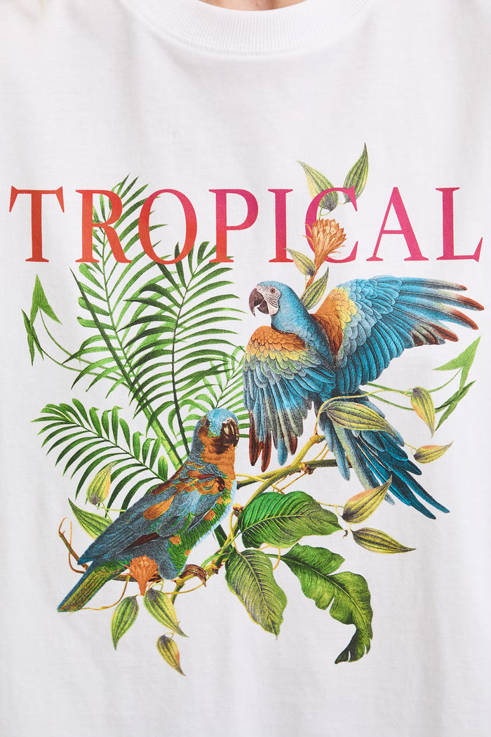 Women's white T-shirt with "Tropical" print