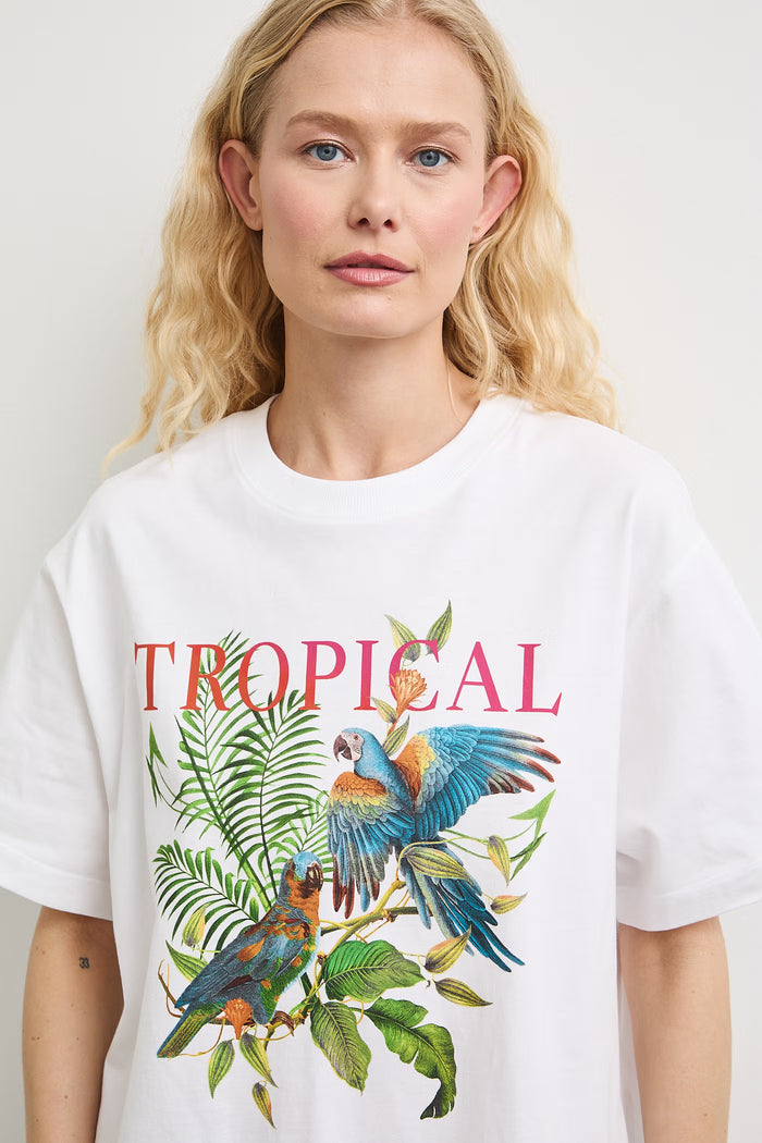 Women's white T-shirt with "Tropical" print