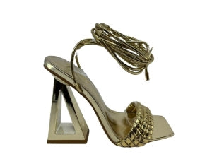 Women's Woven Standard Vamp Strap Ankle Wrap Sculpted Heel Sandals - Open Toe