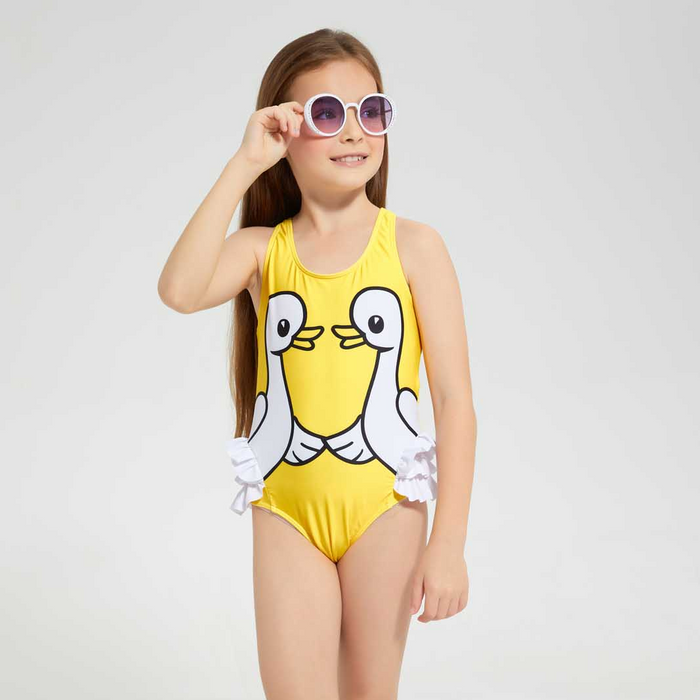 Yellow Racer back Duck Print Ruffle Swimsuit