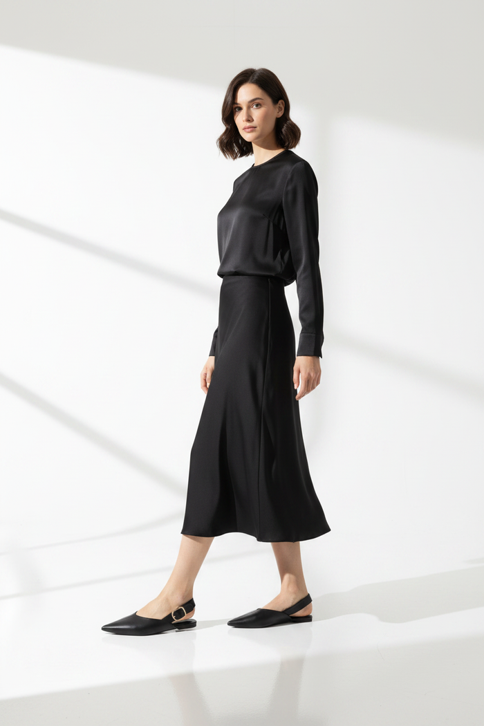 Black Slingback Pointed Toe Flat | Gold Buckle | Vegan Leather