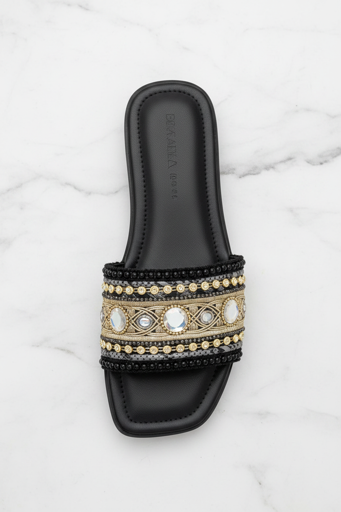 Black Gold Embroidered Crystal Flat Slide Sandals – top-down overhead view showing full sandal on white marble