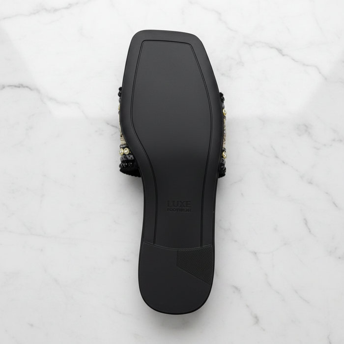 Black Gold Embroidered Crystal Flat Slide Sandals – sole bottom view