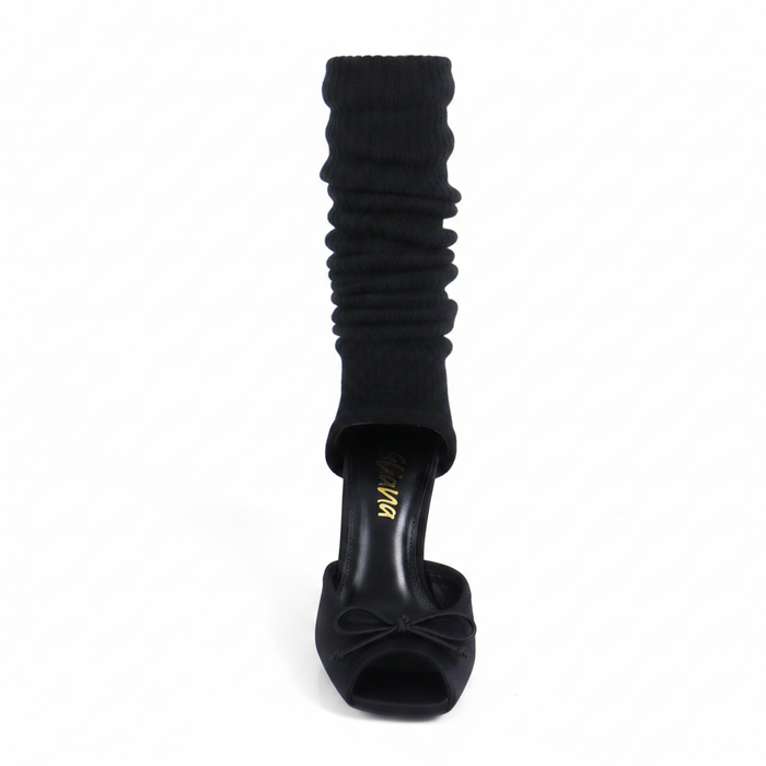 Ruched Sock Stiletto Heels with Open Vamp & Bow Detail | Black