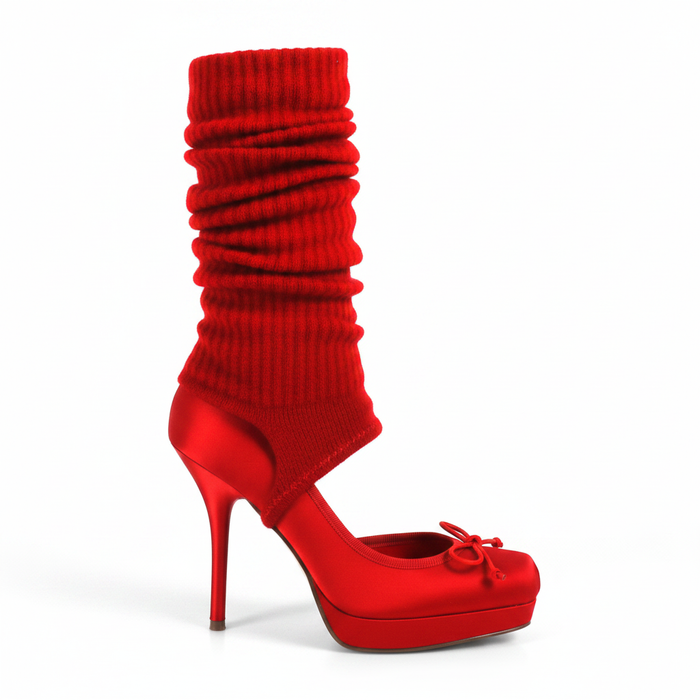 Ruched Sock Stiletto Heels with Open Vamp & Bow Detail | Red
