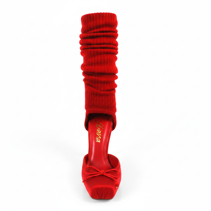 Ruched Sock Stiletto Heels with Open Vamp & Bow Detail | Red